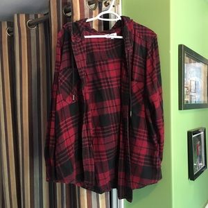 Hooded Long Sleeve Plaid Button Down Shirt